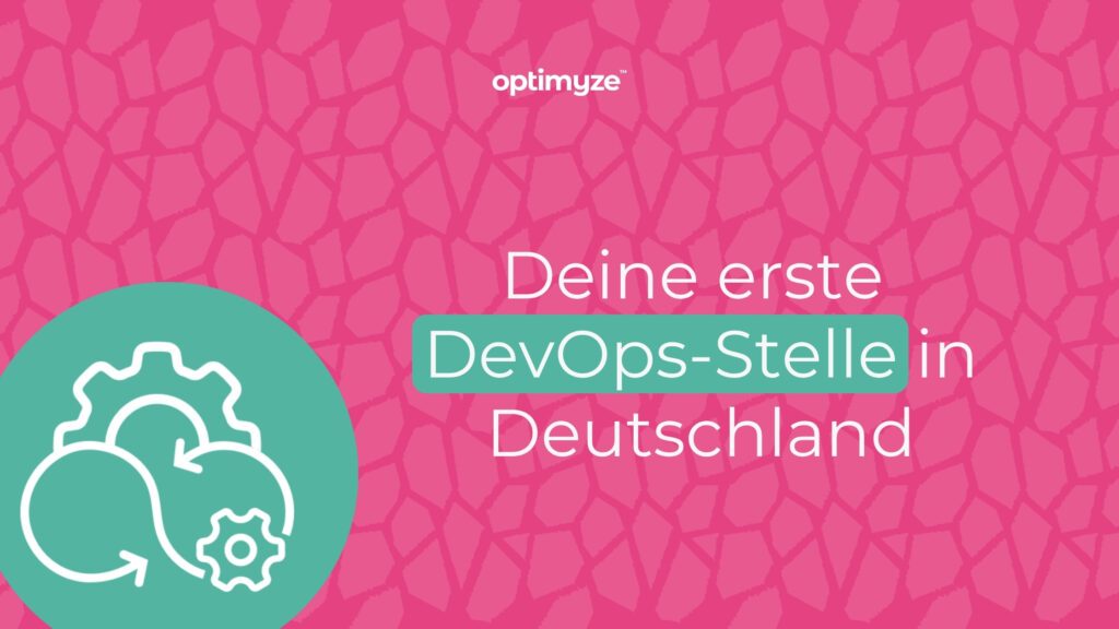 Optimyze Visual: Deine erste DevOps-Stelle in Deutschland – Banner mit DevOps-Symbol auf pinkem Hintergrund.