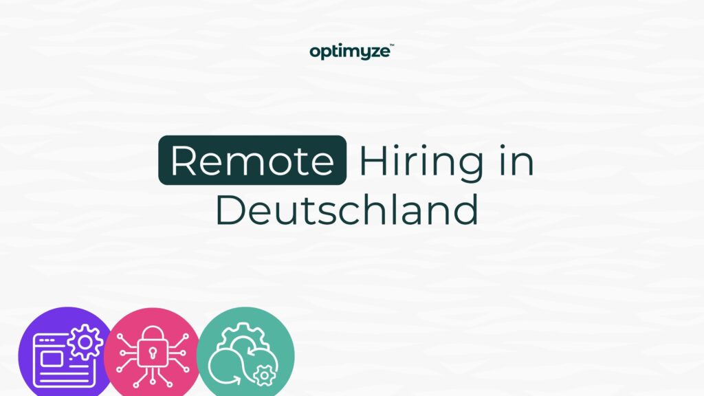 Optimyze Visual: Remote Hiring in Deutschland – Banner mit Tech-Icons auf weißem Hintergrund.
